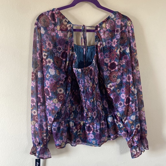 Blue Purple Floral Lauren Conrad  Sheer Stretchy Top long sleeve 3x plus - Picture 5 of 7